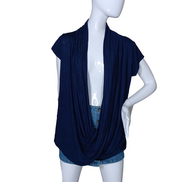 Free To Live Overlap Draped Cardigan Size Medium Navy Blue Short Sleeve - Picture 3 of 7